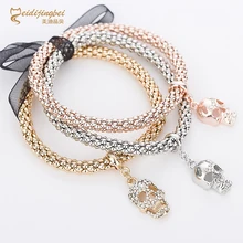 Rhinestones skull charm bracelets for women rose gold silver color zinc alloy female skeleton bracelet fashion