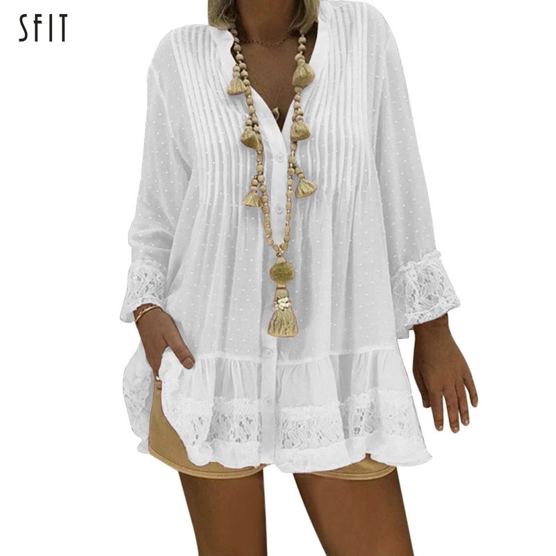 

SFIT 2019 Large Size Lace Chiffon Loose Blouse Women Fashion New Tops Boho Long Sleeve V-Neck Shirt Female Plus Size 4XL 5XL