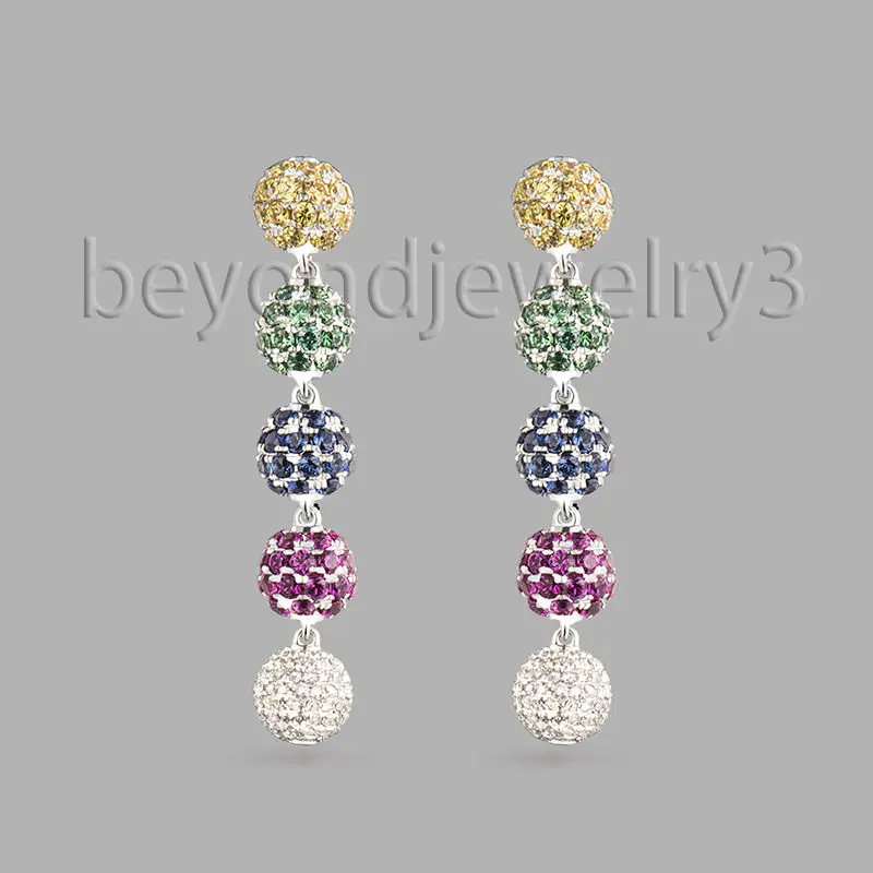 

14kt White Gold Multi Color Yellow/Green/Blue/Pink Corundum Diamond Earrings, Drop Long Earring Shamballa Ball Earrings NA20