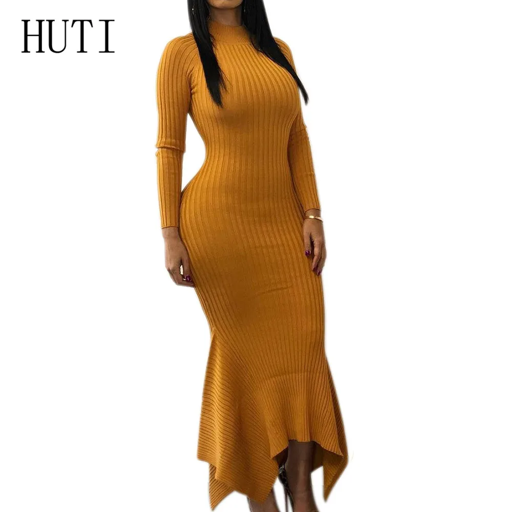 

HUTI Autumn Winter Elegant O-neck Full Sleeve Women Sweater Mermaid Dress Femme Bodycon Vestidos De Festa Female Knitted Dress