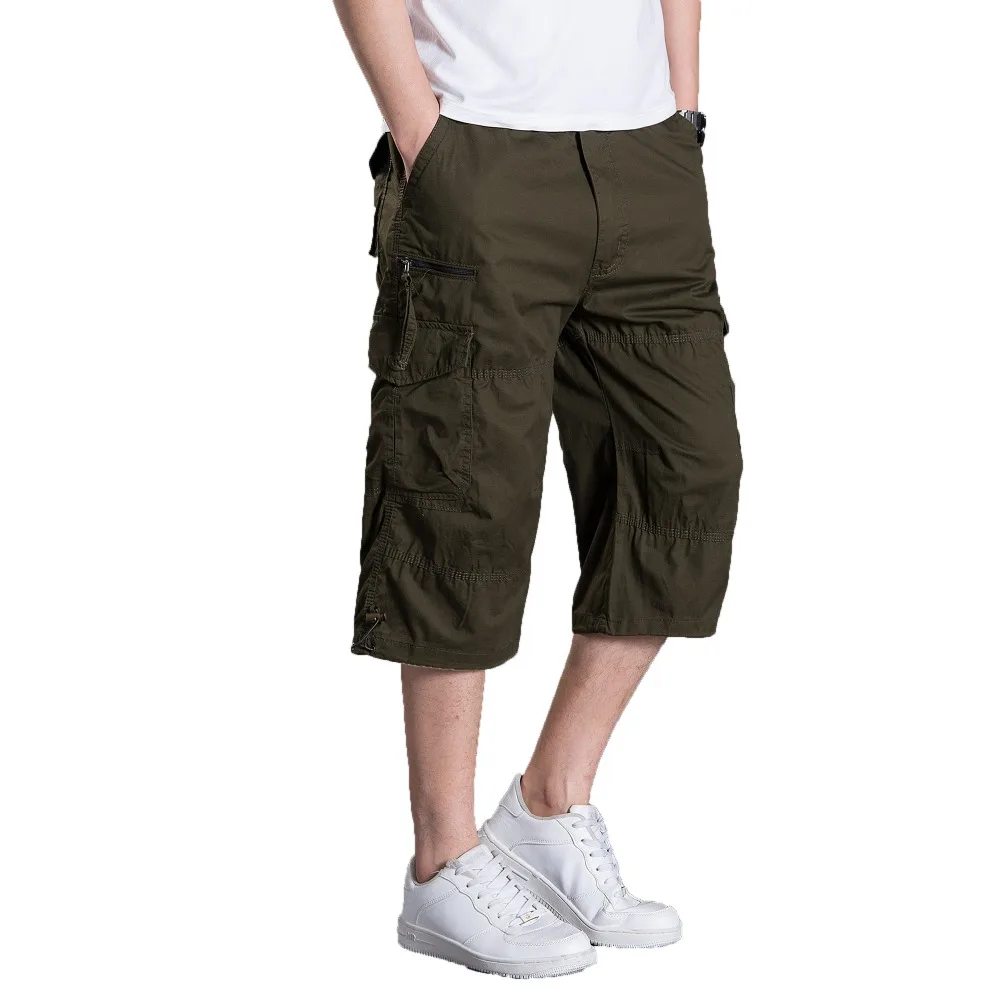 

Men Casual Cropped Pants Multi Pocket Design Slacks Man Loose Cargo Pant Beige Khaki Black Gray Crop Trouser Male Spring Bottom