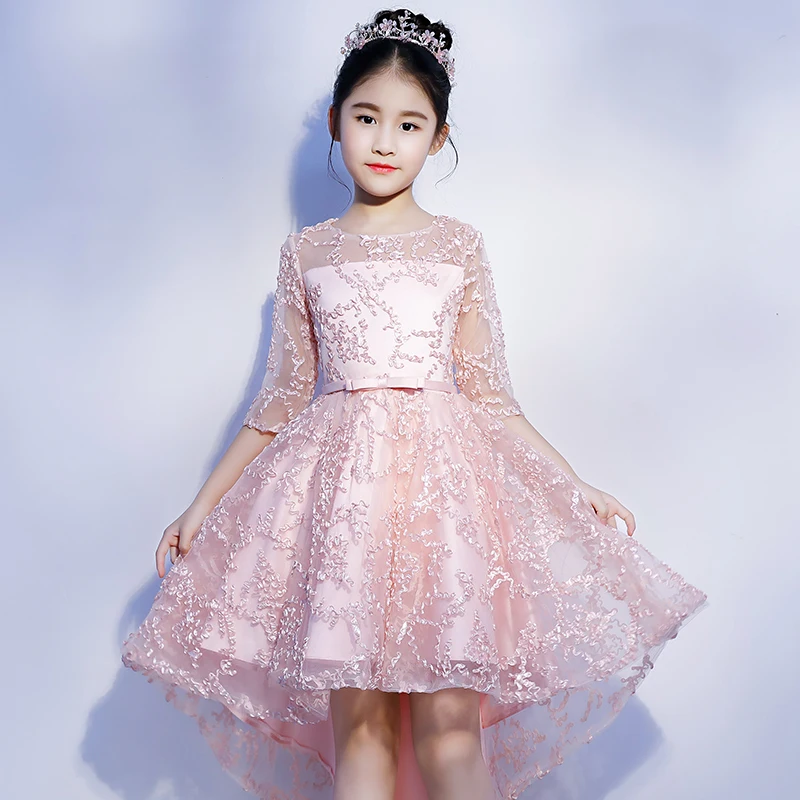 

Communion Banquet Gowns for girl Short Before Long Back Lace Clothing Luxury Children Girl's Ball Gown Dress Elegant Clothes S32
