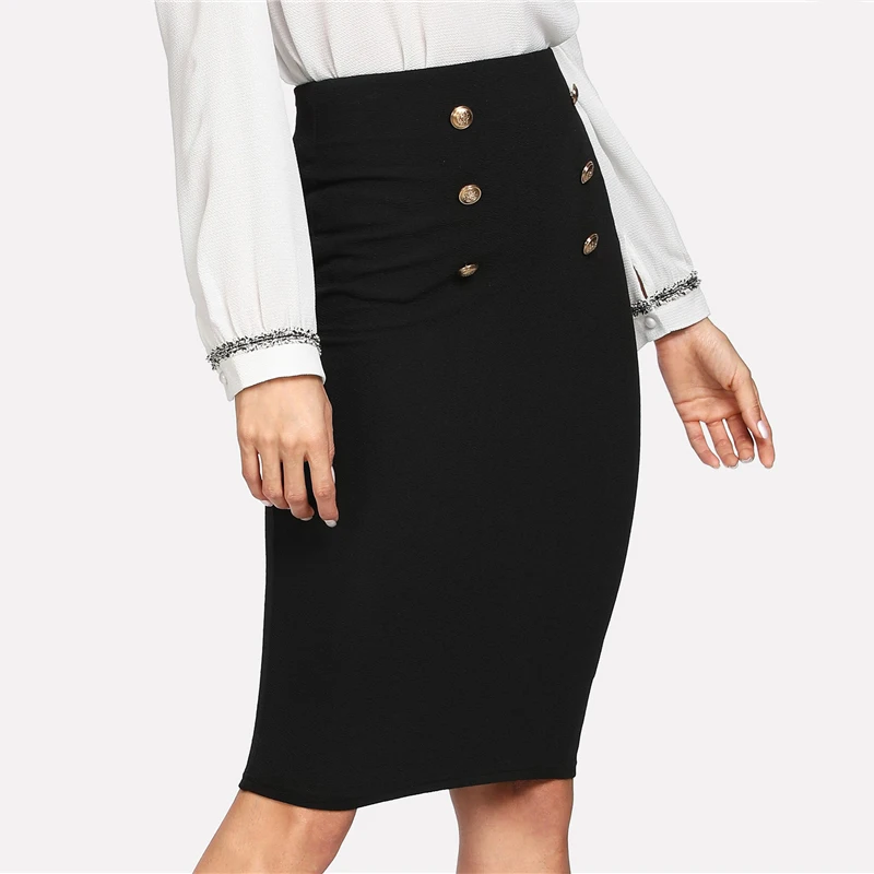 Sheinside Черная Женская юбка с двумя пуговицами, высокая талия, длина до колена, Однотонная юбка-карандаш, весна, элегантная юбка OL