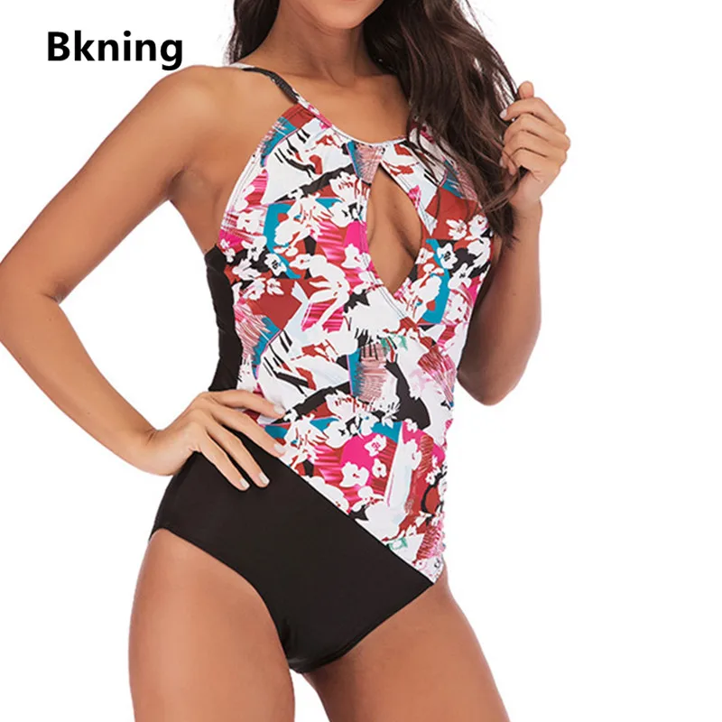 

Bkning High Neck Swimsuit 5XL Large Size Swimwear One Piece 1 Women Bathing Suit Cut Out with Print Flower Plus Swiming 2019 4XL