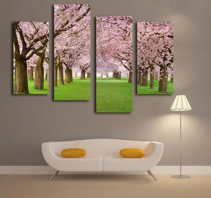 Stretched Modern Realistic Flower Wall Art Cherry Blossom Oil Painting Green lawn With Pink on canvas | Дом и сад