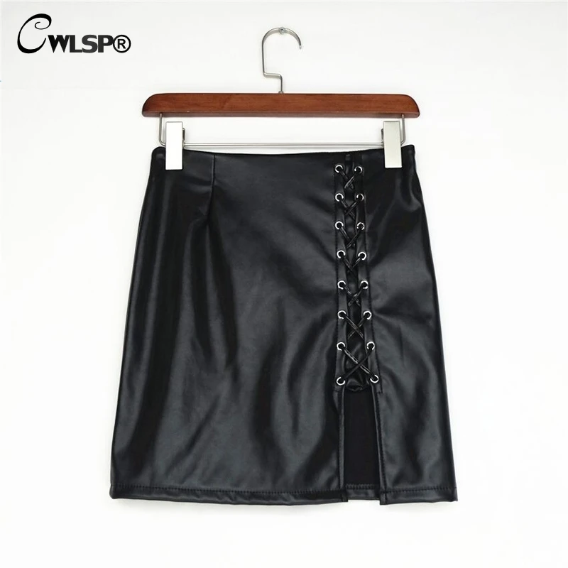 CWLSP черная юбка на шнуровке из искусственной кожи весна лето женская юбка-карандаш с разрезом сбоку винтажная облегающая мини-юбка QZ1820