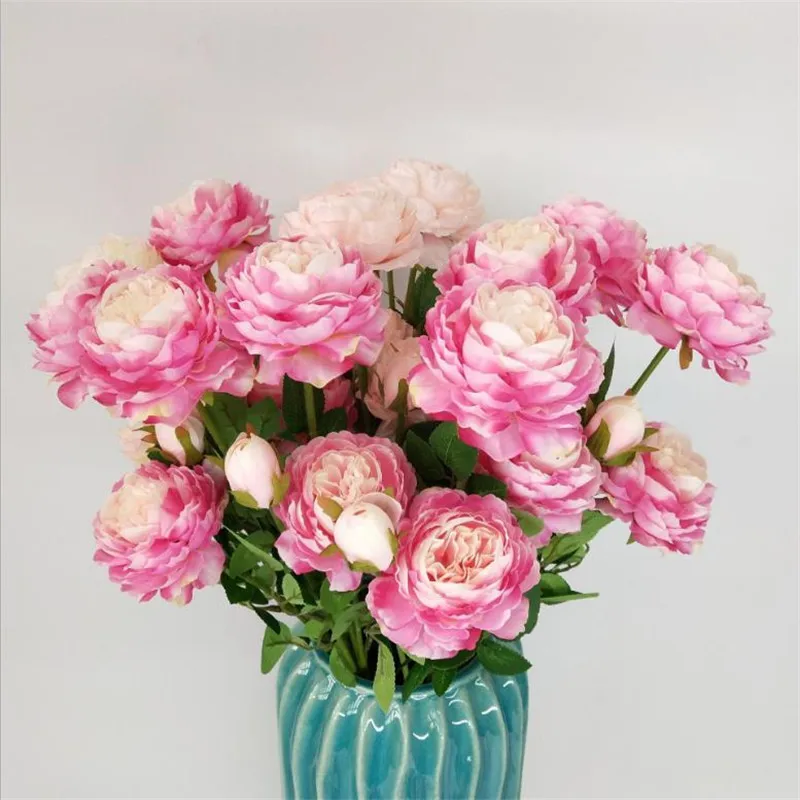 Flone 3 Heads European Style Elegant Artificial Peony Flowers Simulation Silk Flowers Branch Wedding Home Party Decoration  (10)