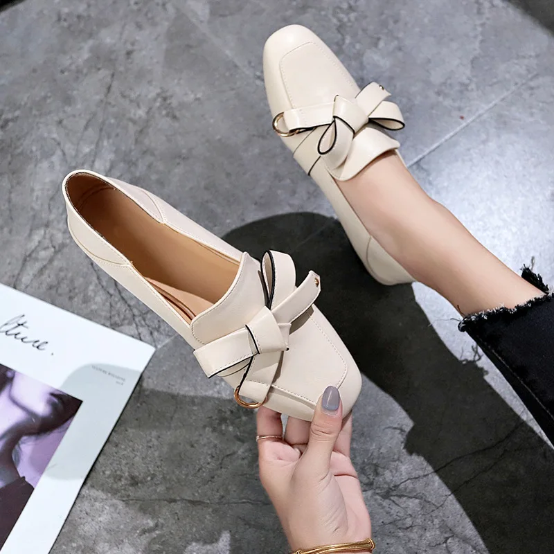 

Small leather shoes female retro square head flat bow white lazy loafers women's shoes.