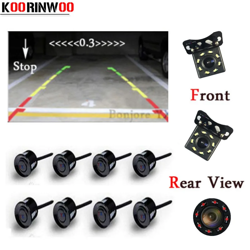

Koorinwoo Dual Core CPU Car Parking Sensors 8 Probes Car Rear view Camera Parktronic Video System RCA distance Image Black White
