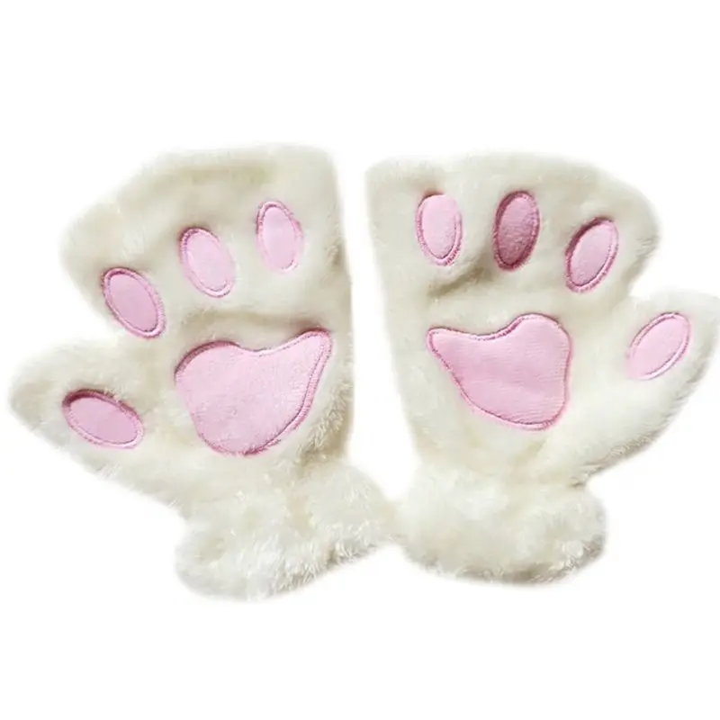 Милая кошачья лапа для женщин и девочек, толстые перчатки без пальцев, пушистые плюшевые перчатки - Цвет: Белый