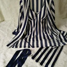 Высококачественный Шелковый пижамный комплект в полоску, сексуальное белье, тонкое женское белье, ночная рубашка, 3 предмета, домашний костюм