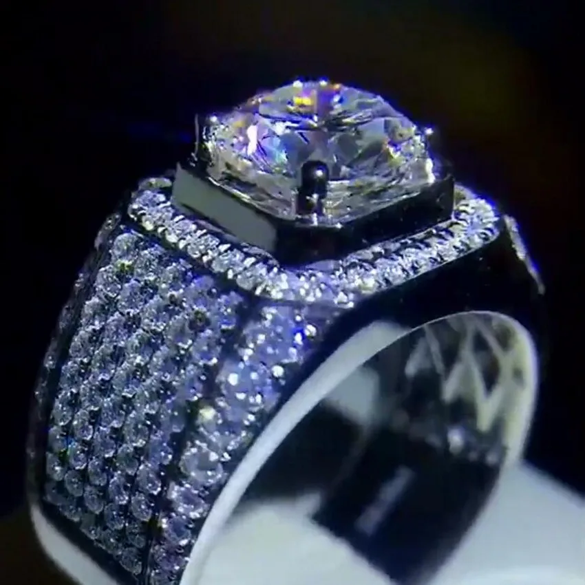 Luxury Classic Vintage Men Ring Real Silver Plated zirconia 8mm Diamant