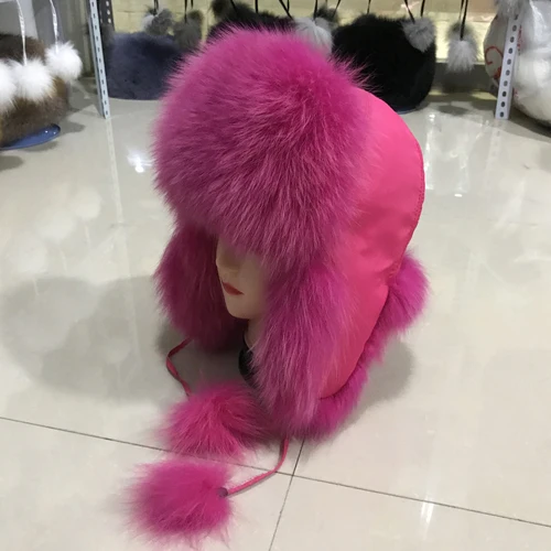 pink Натуральный Лисий Мех бомбер теплые зимние шапки женские пушистые меховые наушники из натурального Лисьего меха Роскошные качественные русские Женские шапки из натурального Лисьего меха - Цвет: pink