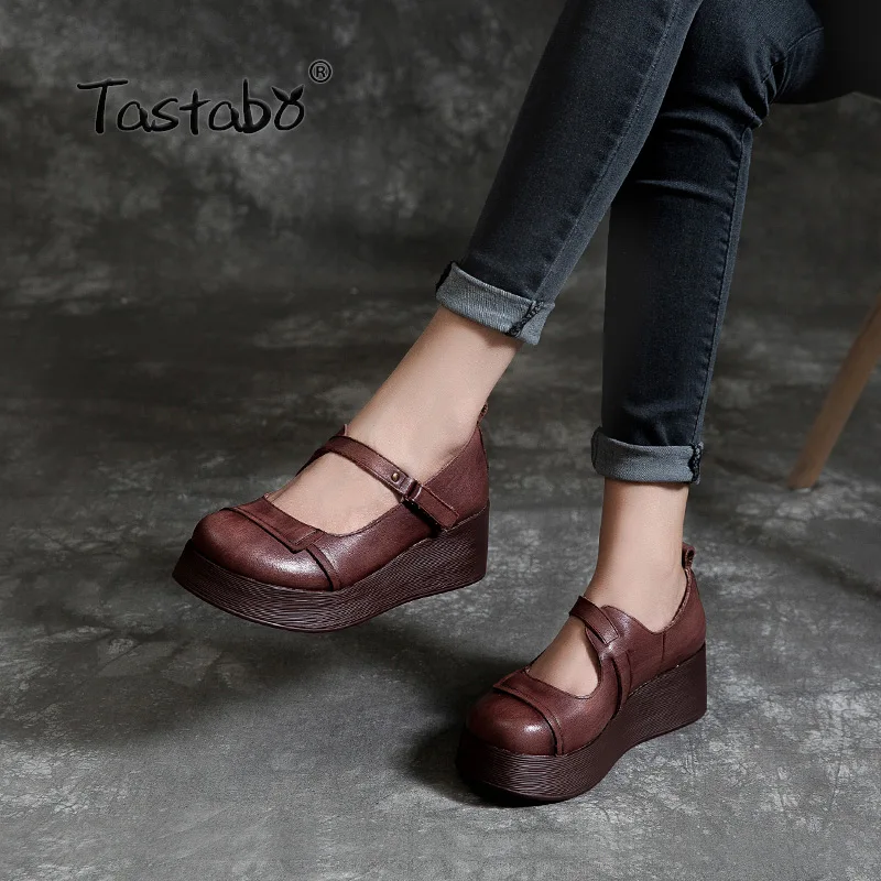 

Tastabo 100%Genuine Leather Women's shoes splice Thick bottom design Brown Yellow simple casual style S1941 Hook & Loop 35-40