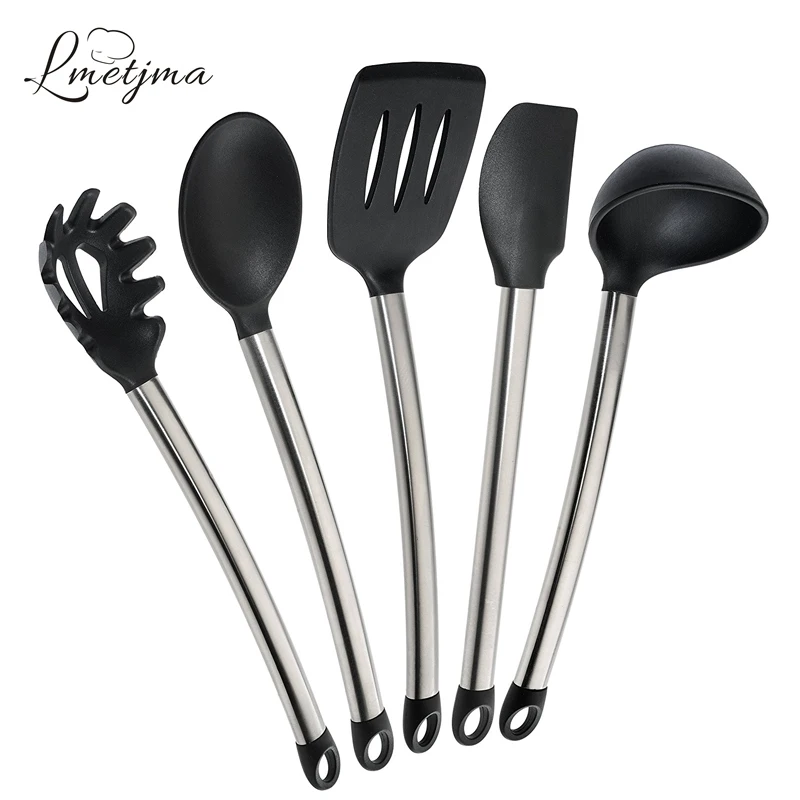 LMETJMA 5pcs/set Heat-Resistant Silicone Cooking Utensils Set Food Grade Non-Stick Kitchen Utensils Set KC0709-1