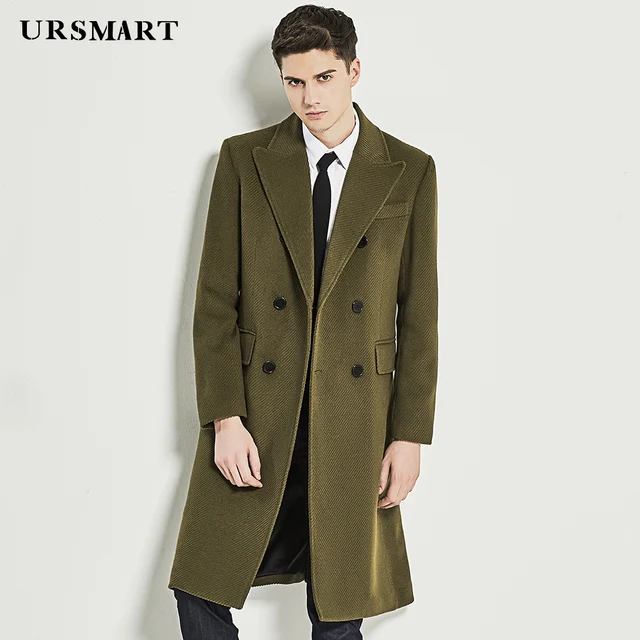 URSMART Military style double breasted men's coat long military green ...