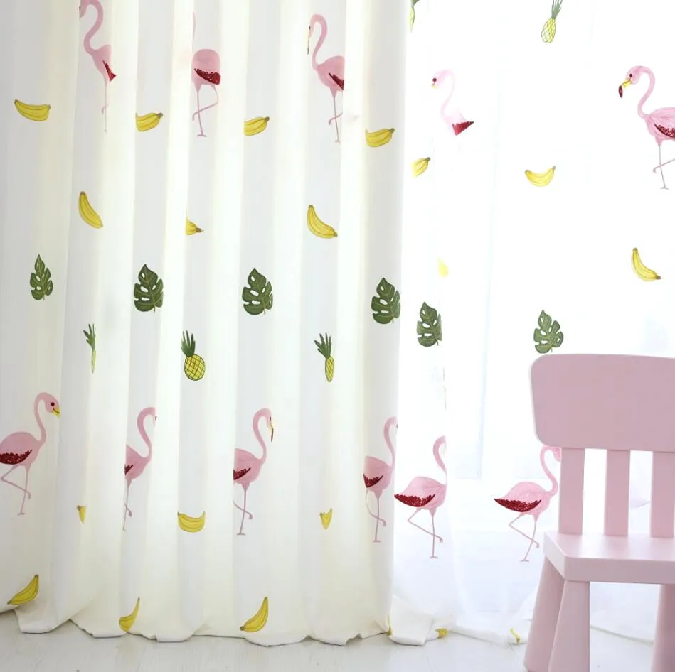 

Cute Embroidered Yellow Banana Pineapple Curtain for Kids Room Green Leaves Sheer Tulle Children Red Birds Flamingo Living Room