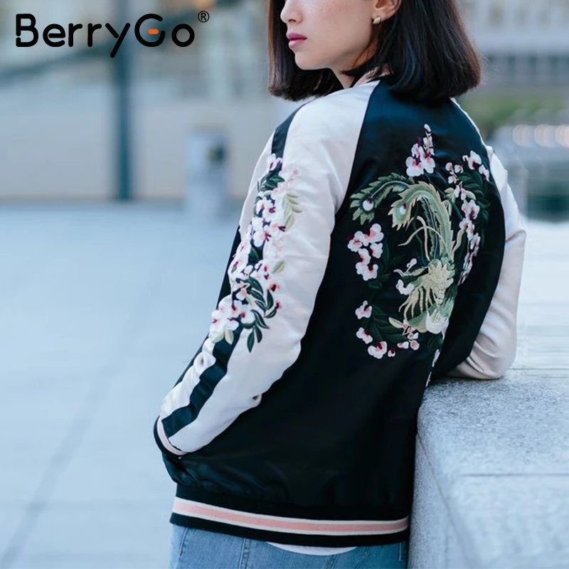 BerryGo Reversible embroidery satin jacket coat Autumn winter 2017 street basic jackets women Casual baseball jackets sukajan BerryGo Reversible embroidery satin jacket coat Autumn winter 2017 street basic jackets women Casual baseball jackets sukajan