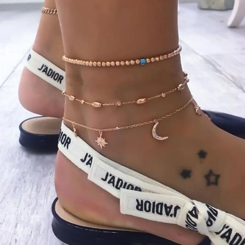 

2018 Star Moon Anklet Gold Chain Beads Ankle Bracelet For Women Foot Jewelry Summer Beach tornozeleira
