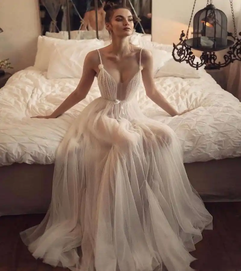 Vestido De Novia Umk Sexy Con Escote En V Y Espalda Descubierta Para La Playa 2020 Vestido De Novia Con Cuentas De Tul Tirantes Finos Transparentes Vestidos De Novia Aliexpress