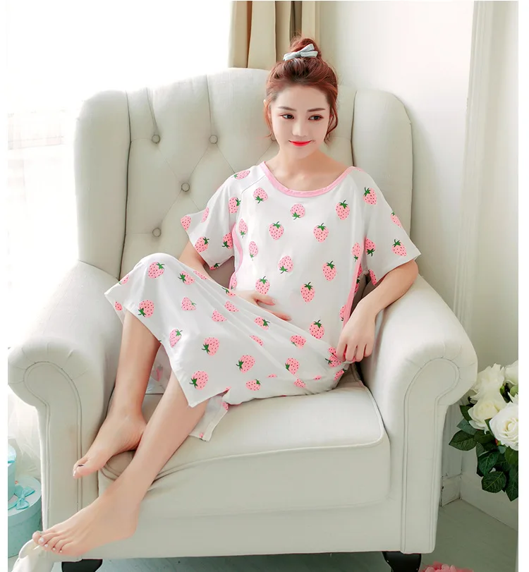 

Summer cute pajamas ladies summer cotton short-sleeved maternity nightdress large size dress long breastfeeding skirt