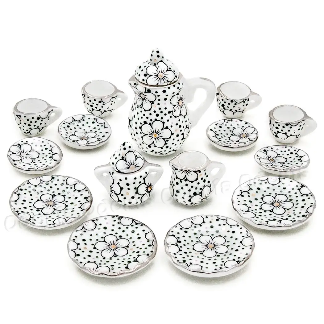 Odoria 1:12 Miniature 15pcs Porcelain Tea Cup Set Chintz Flower Tableware Kitchen Dollhouse (12 Patterns for your choice) - Image 2