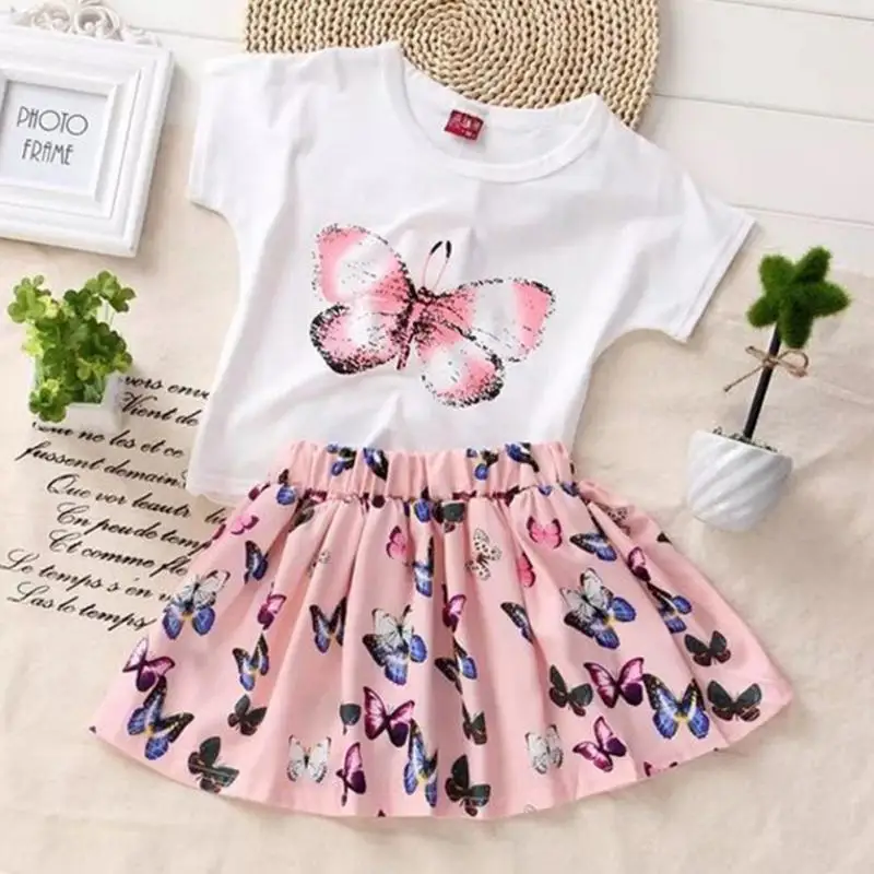 

2018 Summer 2PCS set Kids Baby Girls Toddler Butterfly Printed T-shirt and Skirt Dress Set Outfits Clothes