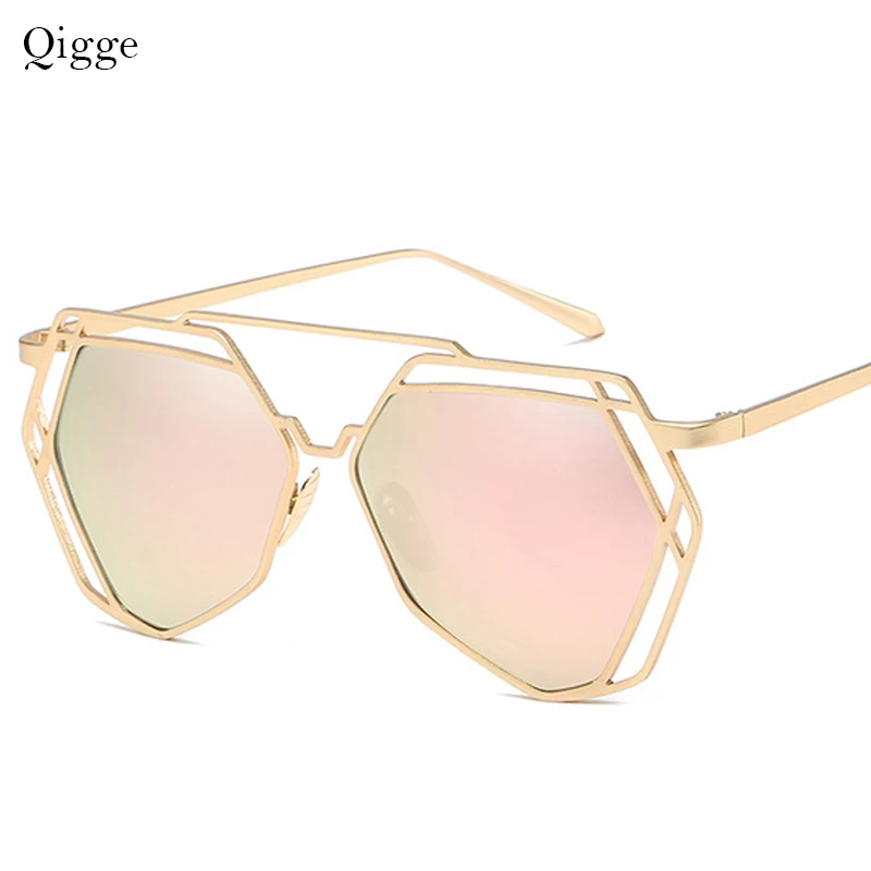 

2019 Qigge Brand Designer Big Mirror Sunglasses Women Hexagon Lovers Hippie Hollow Out Sun Glasses Women UV400 Oculos De Sol