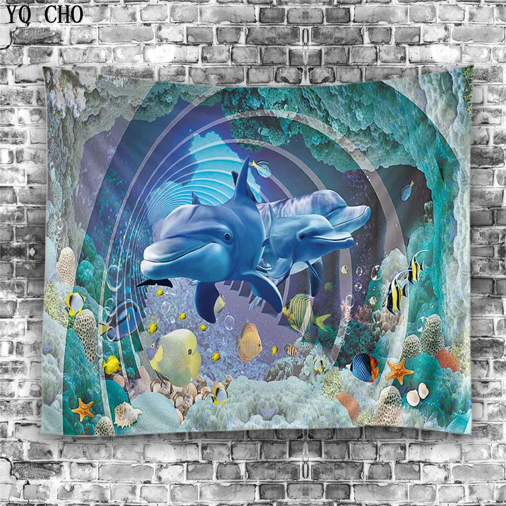 

YO CHO 1 piece polyester dolphin goldfish tapestry rectangle ready made wall hanging tapestry modern fashion decorative carpet