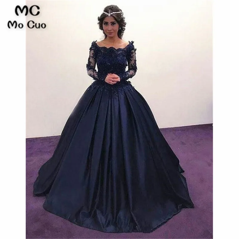 ED0424-Exquisite-Navy-Blue-Black-Ball-Gown-Off-Shoulder-Long-Sleeves-Beaded-Appliques-Gowns-Evening-Dress