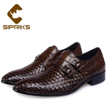 

Sipriks Mens Dark Brown Genuine Cow Leather Double Monk Straps Fashionable Braided Leather Shoes Black Woven Male Dress Shoes
