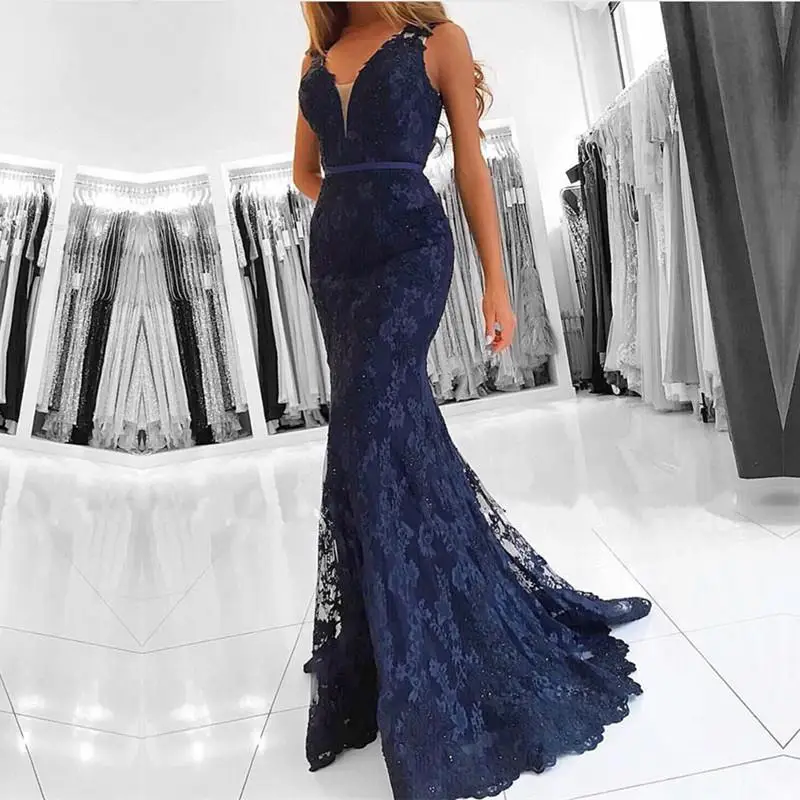 

Navy Blue Muslim Evening Dresses 2019 Mermaid V-neck Lace Beaded Formal Islamic Dubai Saudi Arabic Long Elegant Evening Gown