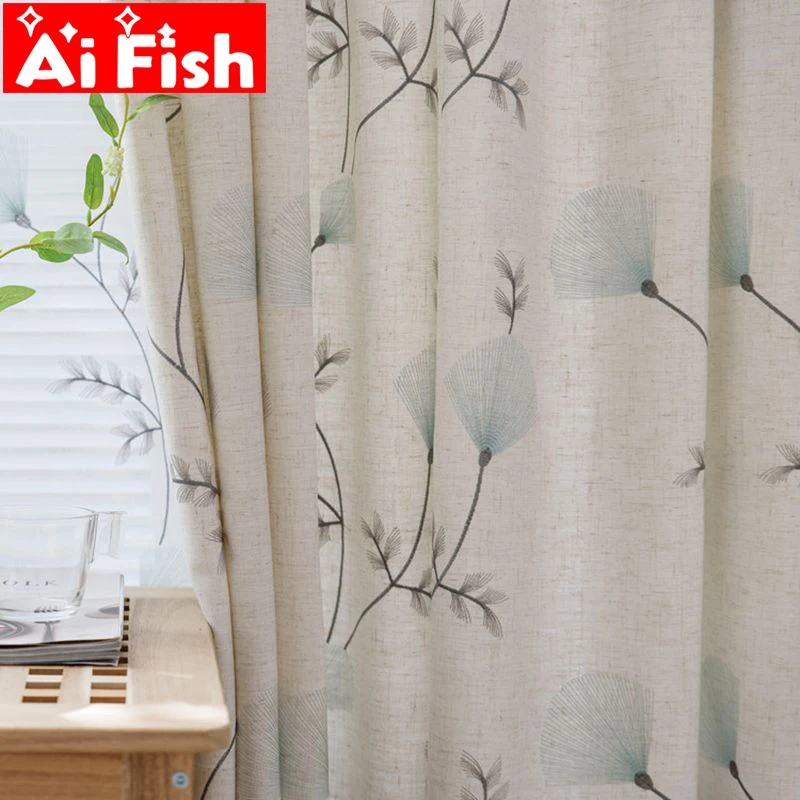

Leaves Embroidered Curtains Semi-light Shading Window Curtains for Living Room Pastoral Window Valance for Bedroom MY059-30