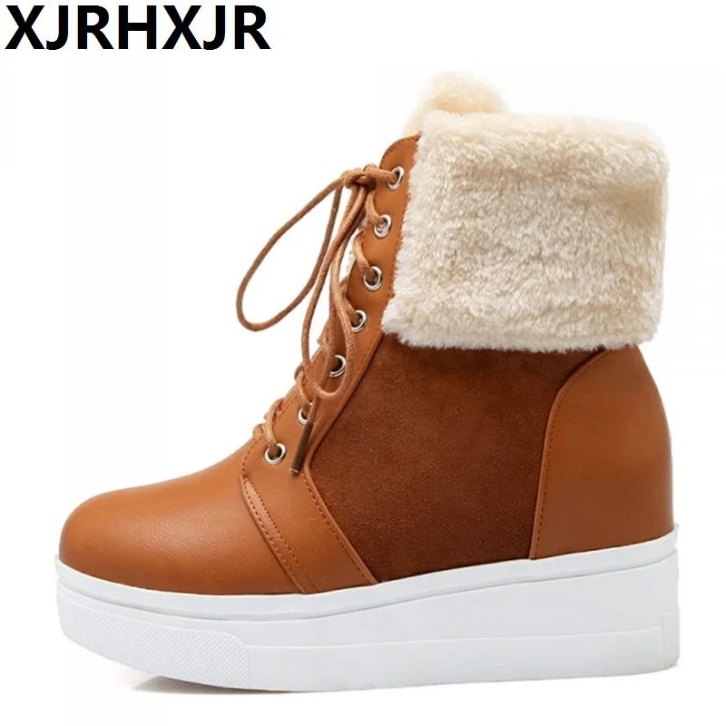 

XJRHXJR 6cm Hidden Heels Warm Snow Boots Woman Winter Plush Fur Boots Fashion Platform Round Toe Lace Up Ankle Boots Size 34-43
