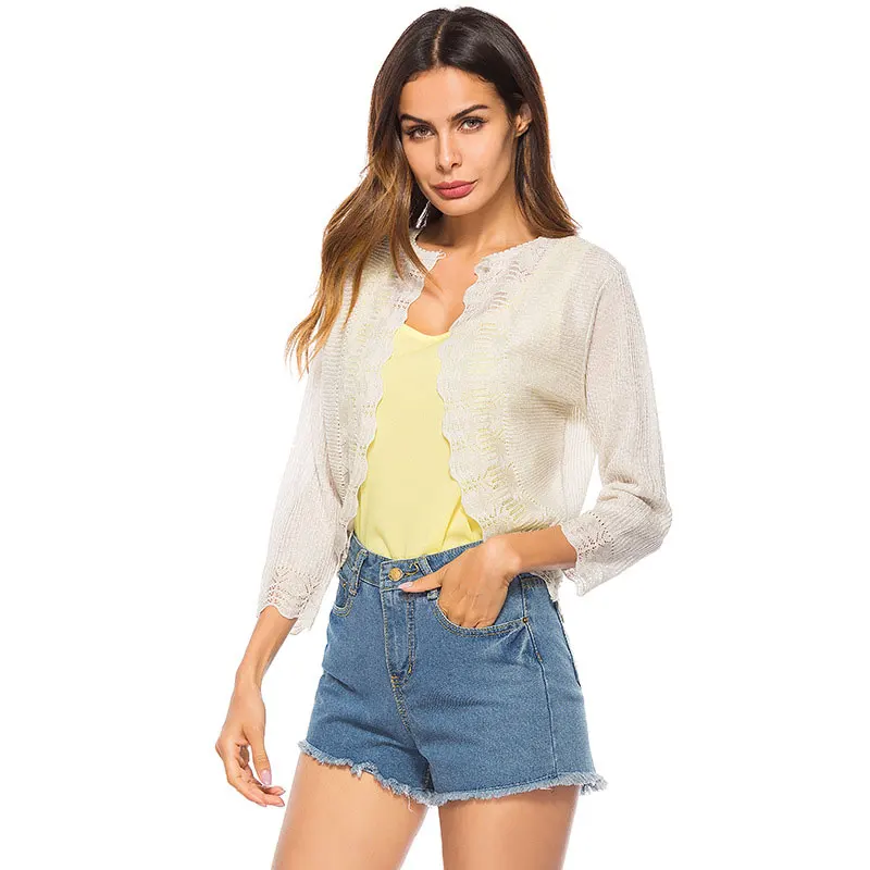 Women Lace Mesh Cardigan Cut Out Front Pointelle Knit Sweater Three