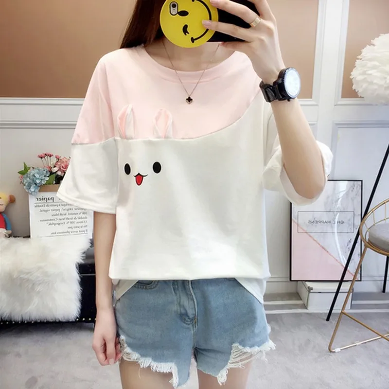 Kawaii/Дизайнерские рубашки с заячьими ушками милые футболки для девочек летние