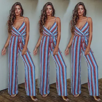 

Women Ladies V Neck Jumpsuit Clubwear Sleeveless Playsuit Multi color Stripe Bodycon Party Jumpsuit Clothes Plus Size