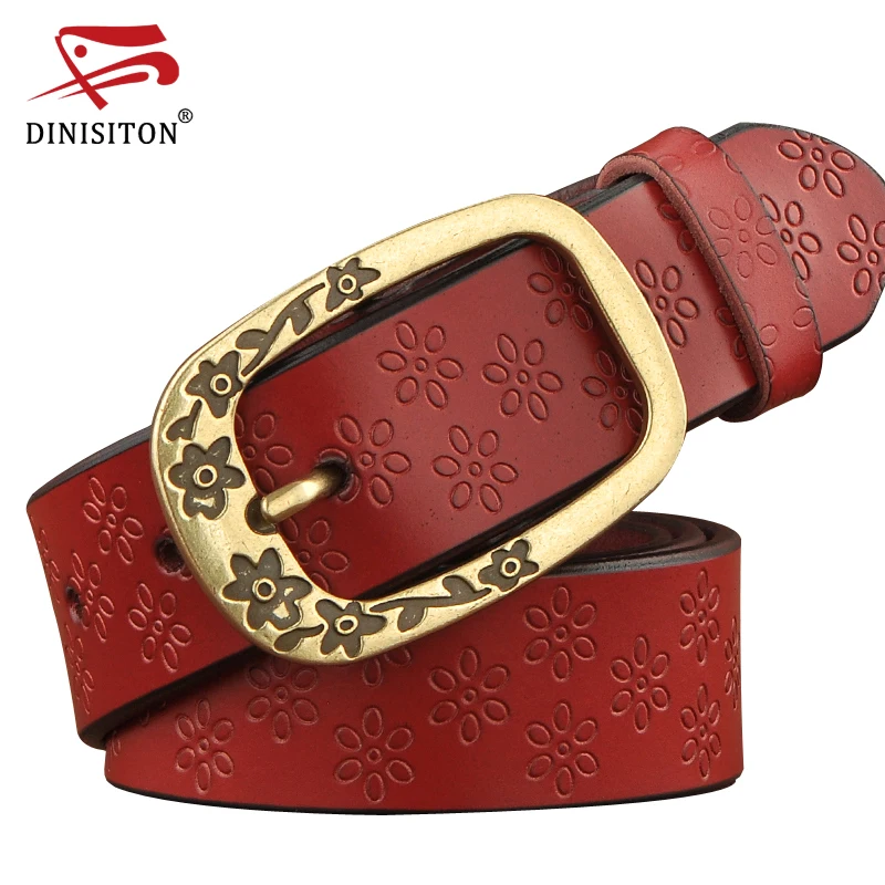 DINISITON New Fashion Wide Genuine leather belt woman vintage Floral Cowskin belts women Top quality strap female for jeans