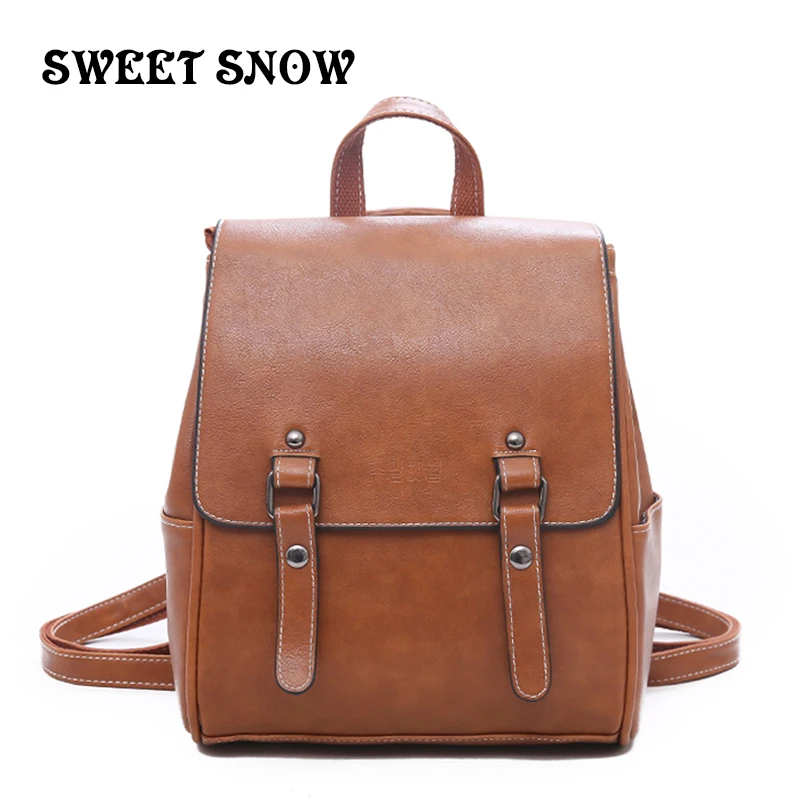 

SWEET SNOW New Casual Fashion Leather Woman's Backpack College Style Female Student Back Pack Lightweight And Simple Backpacks