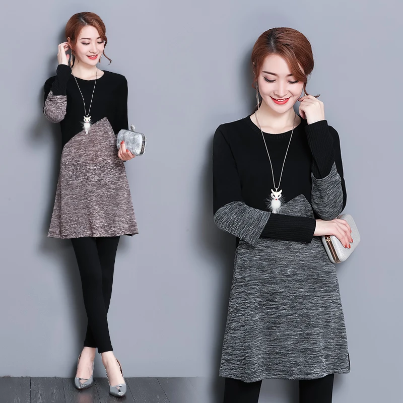 

Warm Jumper Dress Winter voguees Thicken Cotton Patchwork Oversized Long Sleeve Loose Tunic Dress Crew Neck Pullover