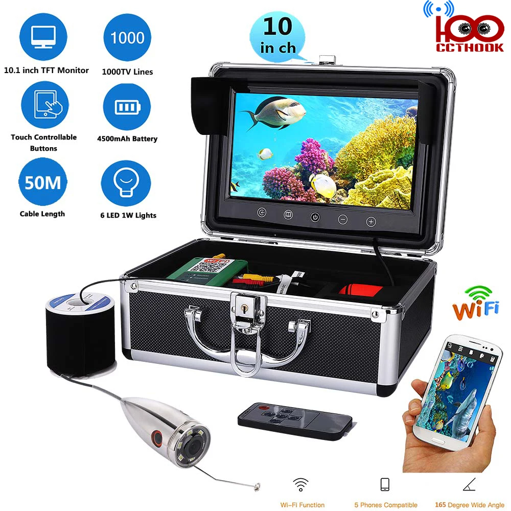 50m Cable WIFI Wireless Fish Finder with 720P 1000TVL Underwater Fishing Video Camera 10 Inch Color Monitor Free Mob APP Viewing_1
