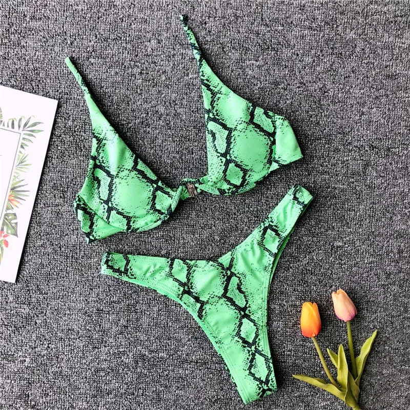 

Snake print bikini 2019 beach wear Deep v-neck micro swimsuit female high cut bathing suit Push up sexy swimwear women bathers