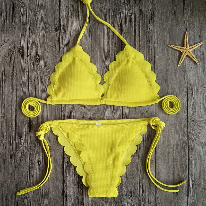 

Hot Selling Women Top with Pants Bathing Suit Solid Color Halter Flower Cut Hem Tie Side Swimsuit