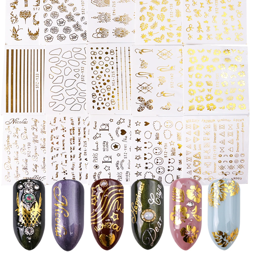 

16 Pcs Gold Metal water Nail stickers Necklace Geometric Letter Leaves Decals Sliders for DIY Manicure Accessories LASTZ-YY16
