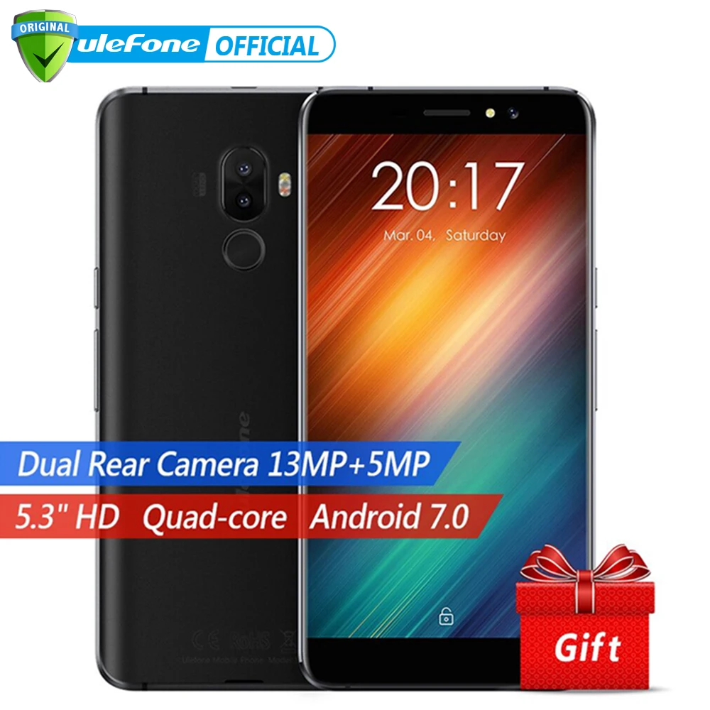 Ulefone S8 Dual Back Cameras Mobile Phone 5.3 inch HD MTK6580 Quad Core Android 7.0 1GB+8GB 13MP Cam Fingerprint ID 3G Cellphone | Мобильные