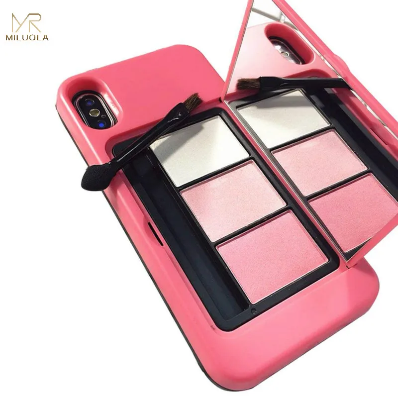 Цена MLR зеркале макияж телефона Чехлы для iPhone 6 6 S 7 8 плюс Для женщин леди 2 в 1 палитра румян чехол телефона с тени для iPhone X