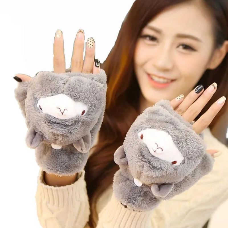 

CUHAKCI Winter Cartoon Mittens Lovely Girl Animals Half Finger Gloves Alpaca Flip Twist Mittens Warm Glove Women Cute Gloves