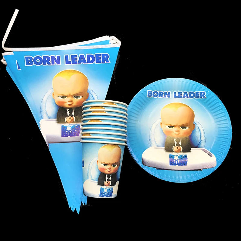 

60pcs/lot my little boss theme party tableware sets baby boss theme disposable plates cups banners for 20people use