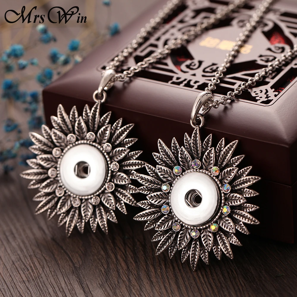 

New Flower Snap Button Necklace with Chians Vintage Metal Snap Pendant Necklace fit 18mm 20mm Snap Button Jewelry For Women