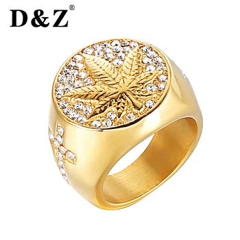

D&Z Rapper Weed Maple leaf Ring Men Gold Color 316L Stainless Steel Micro Pave Rhinestone Canadian Leaf Rings Male Rock Jewelry